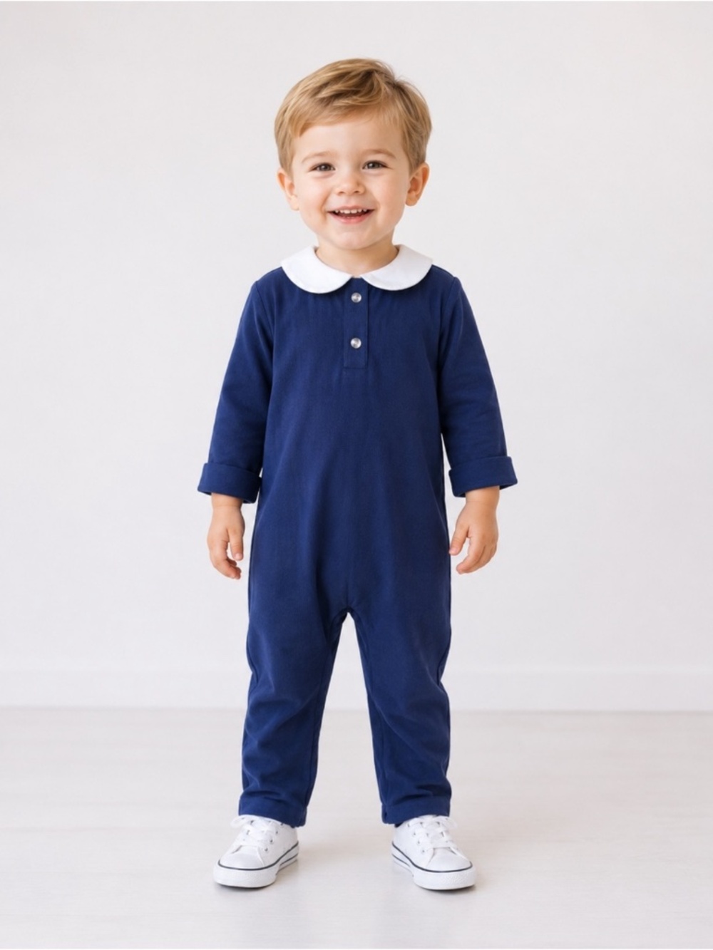 Edgehill Collection Boy's Navy Corduroy One-Piece Romper Peter Pan Collar